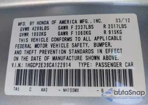 2012 Honda Accord 2.4 Lx from USA, damaged, VIN 1HGCP2E39CA122914